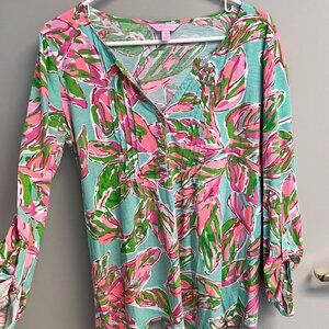 Lilly Pulitzer Sarasota Floral Print Pintuck Tunic Blouse Pink Green White M